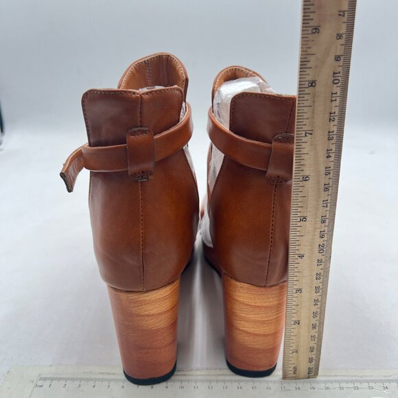 YDN Brown Platform Cross Strap Buckles Closed Toe High Heel Cutout Ankle Boots - Picture 5 of 8